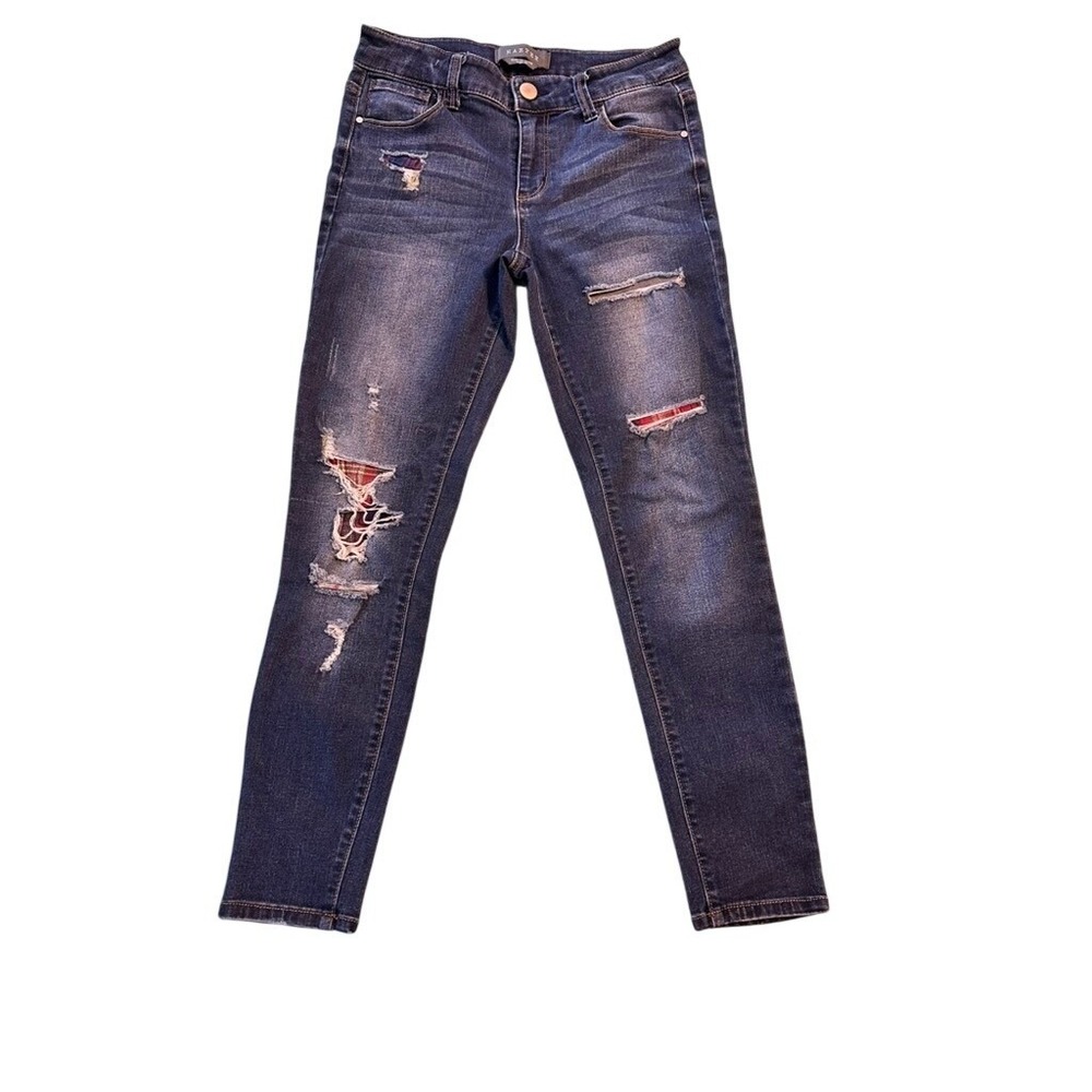 Harper Women 28 Dark Wash Plaid Patch Distressed Skinny Jeans Blue Mid Rise